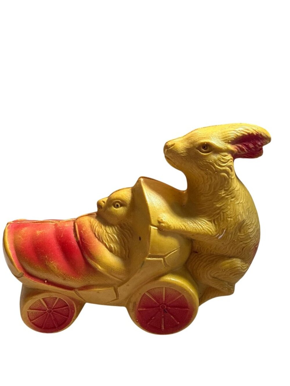 Antique Rubber Rabbit Pushing Baby Chicken Chick Carriage Squeaky Toy Vintage